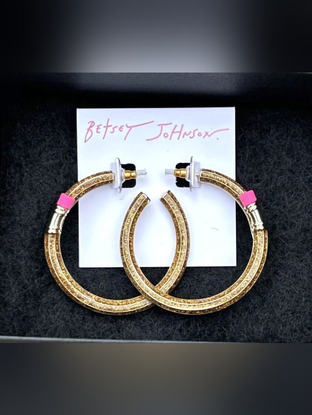 Betsey Johnson Gold Glitter Pencil Hoop Earrings - Picture 2 of 2